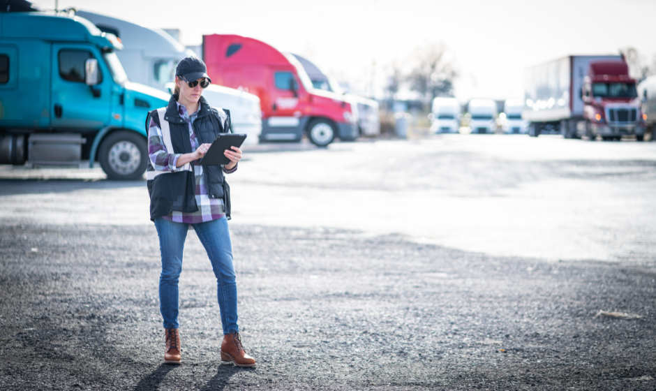 A transportation professional stands in a truck yard while working on a tablet.