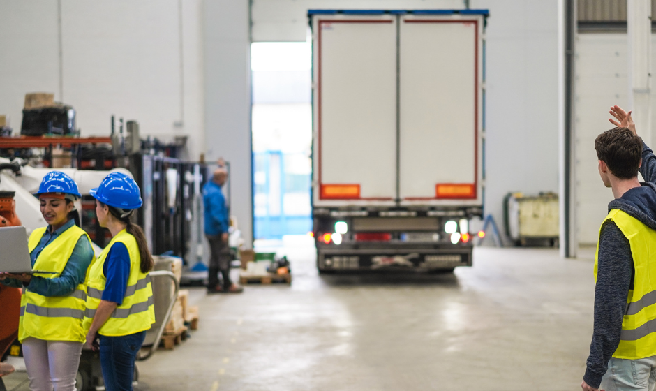 A semi with dry van trailer backs into a warehouse loading dock