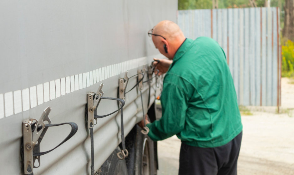 A driver secures the tarp system of a Conestoga trailer
