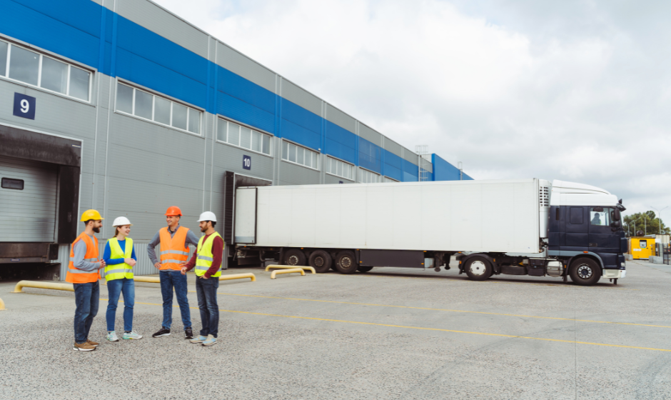 A dry van trailer is backed into a loading dock