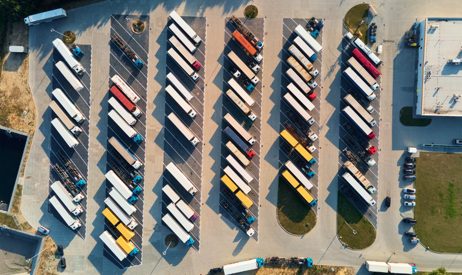 A fleet of trucks in a yard