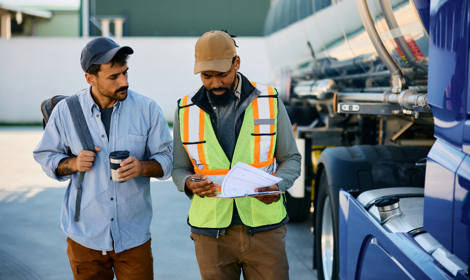 A driver double-checks paperwork with a shipper