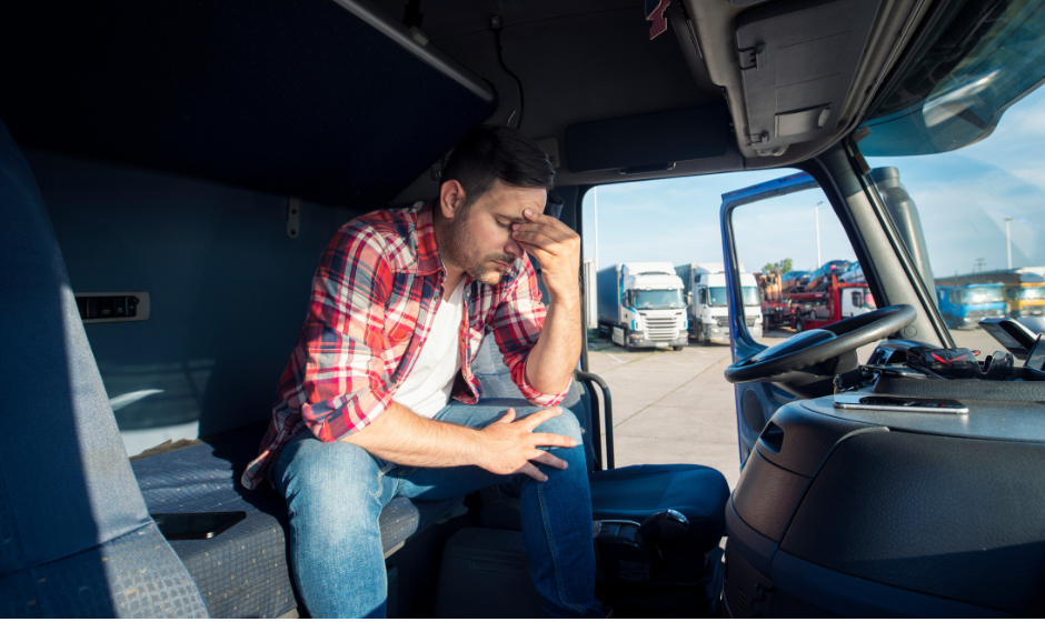 A frustrated trucker sits in the cab of his truck