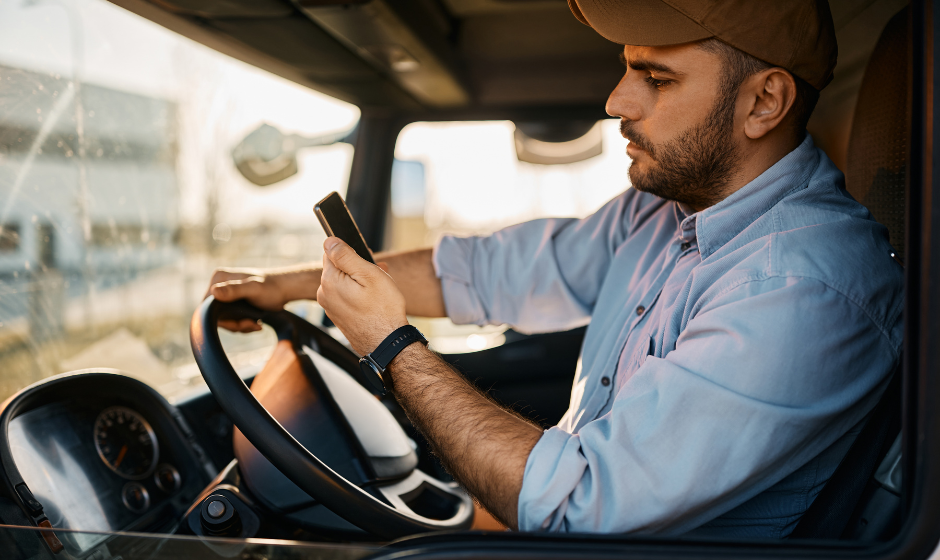 A truck driver waiting in detention at a shipper location browses on their smartphone