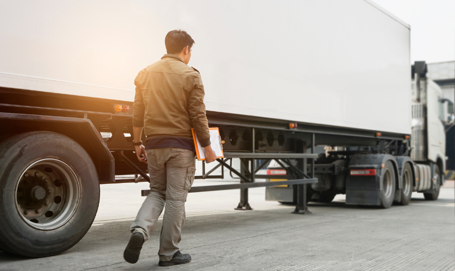 A truck driver with a clipboard walks alongside a truck