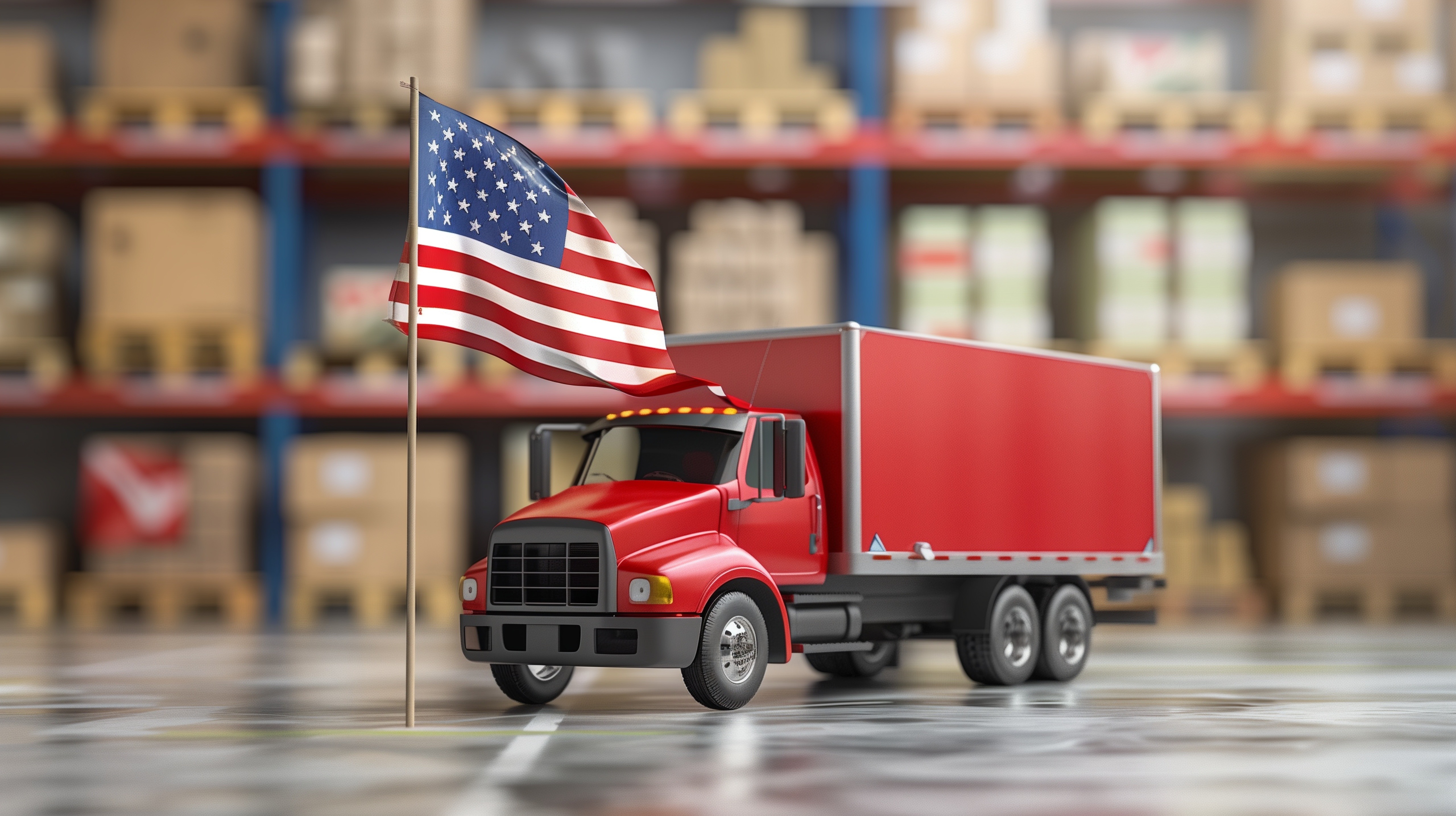 A 3D illustration of a truck with an American flag in a warehouse