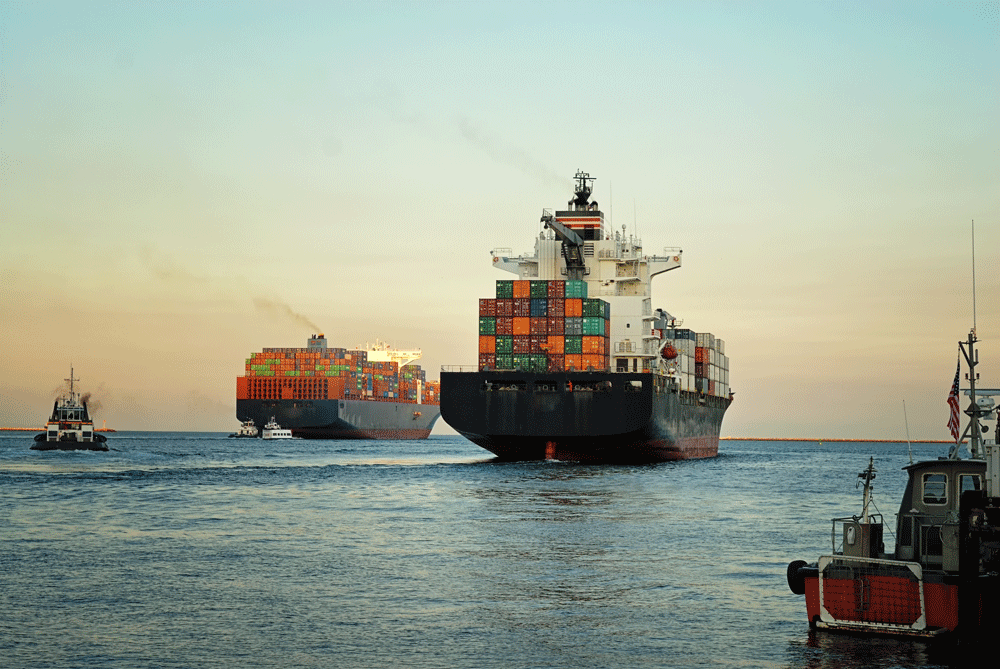 A container vessel leaving port