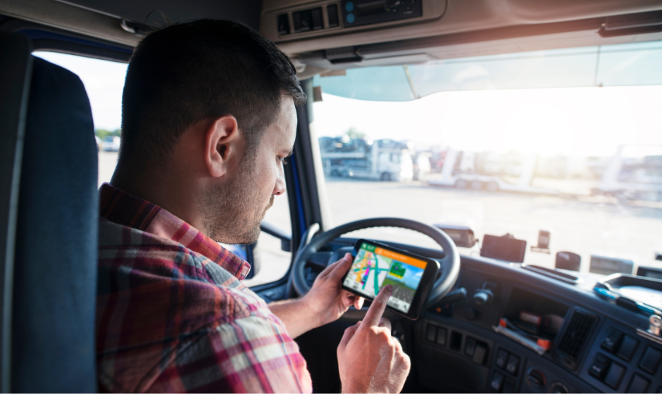 A trucker uses GPS to confirm their route