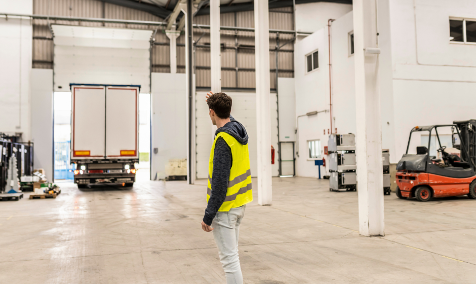 A worker guides a truck into a warehouse