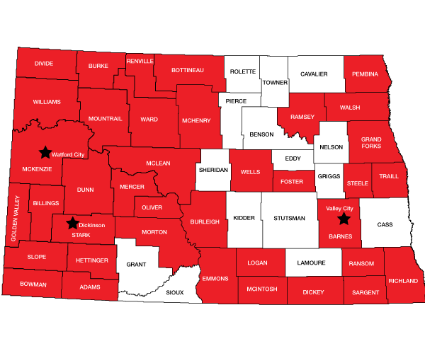 Map of ND counties participating in the LoadPass Permits program